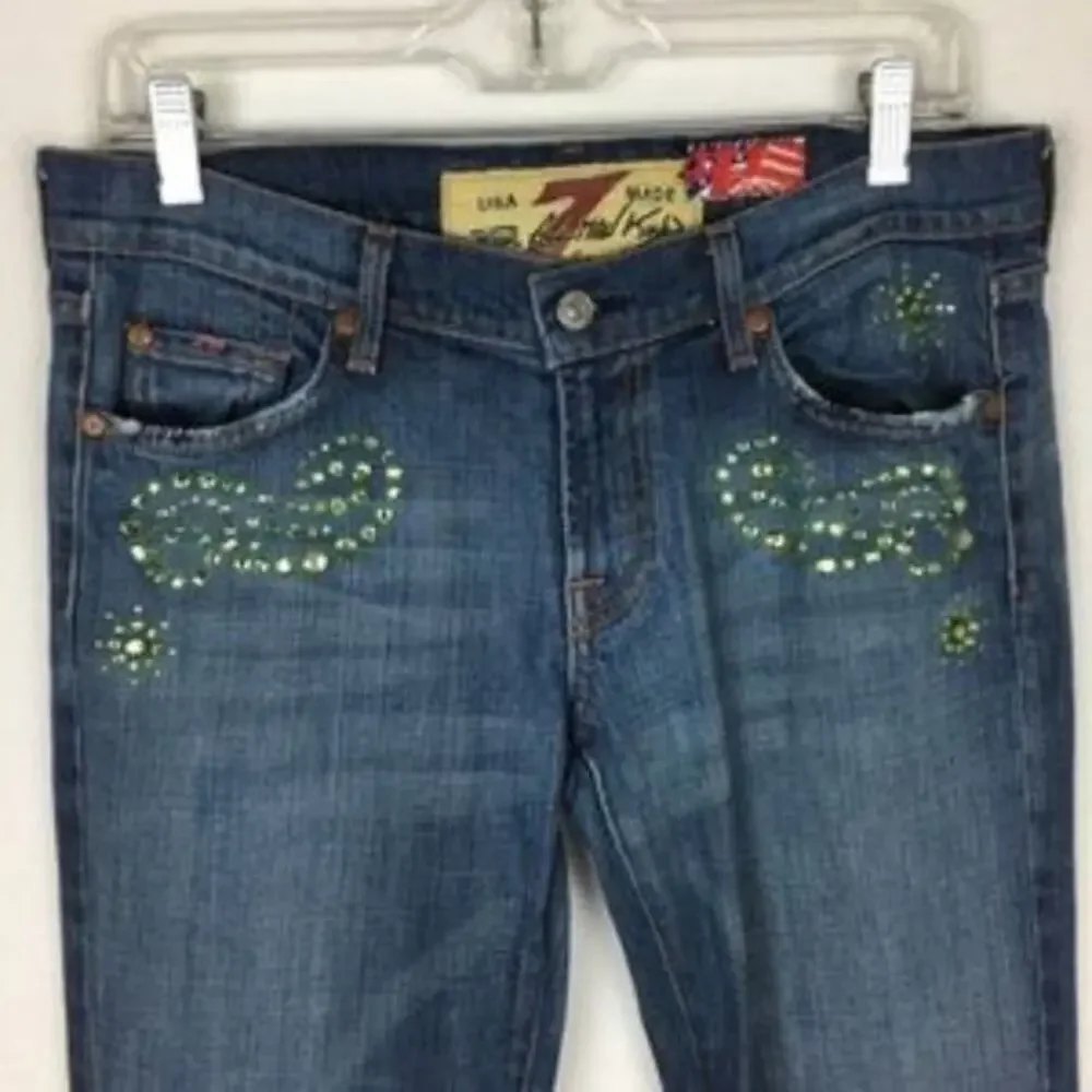 7 for all Mankind Blue Denim Embellished  boot cut Y2K jeans  30